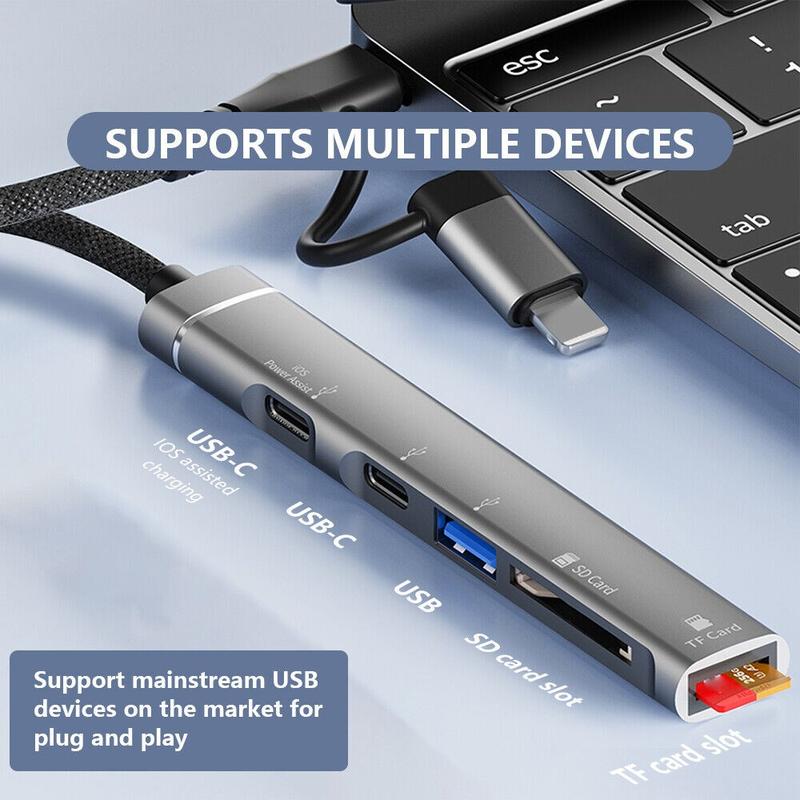 SVT02 For iPhone+Type-C Hub Adapter to 2 Type-C Ports+USB+2 Card Reader ...