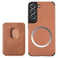 Samsung Galaxy S22 5G Magnetic Case with Card Holder - Carbon Fiber - Brown