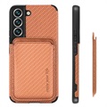 Samsung Galaxy S22 5G Magnetic Case with Card Holder - Carbon Fiber - Brown