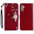 Samsung Galaxy S26 Owl Rhinestone Wallet Case - Red