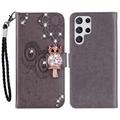 Samsung Galaxy S26 Ultra Owl Rhinestone Wallet Case - Grey
