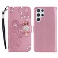 Samsung Galaxy S26 Ultra Owl Rhinestone Wallet Case - Rose Gold
