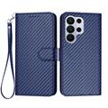 Samsung Galaxy S26 Ultra Premium Wallet Case with Strap - Carbon Fiber Texture - Carbon Blue