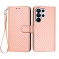 Samsung Galaxy S26 Ultra Premium Wallet Case with Strap - Carbon Fiber Texture - Carbon Pink