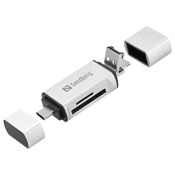 Sandberg SD / MicroSD Card Reader - USB-A / USB-C / MicroUSB - Silver