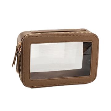 Single Layer Transparent Makeup Bag Waterproof PU Leather Cosmetic Bag - Khaki