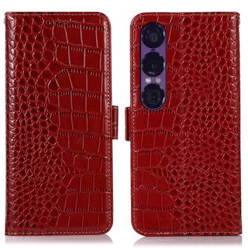 Sony Xperia 1 VII Crocodile Series Wallet Leather Case with RFID - Red