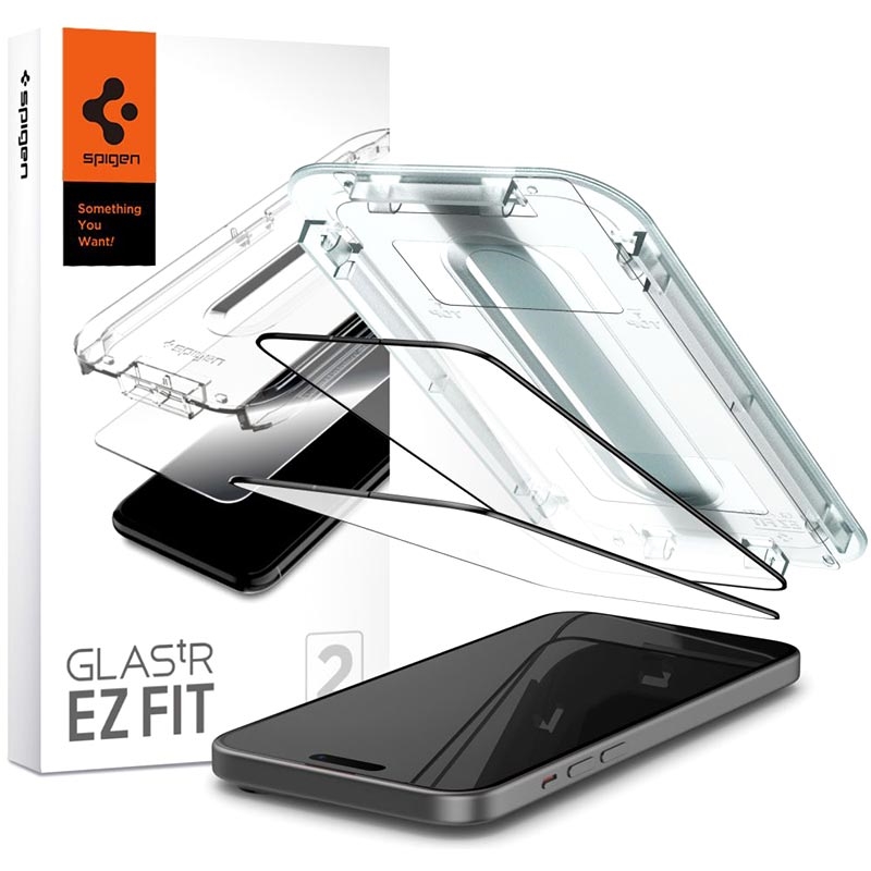 iPhone 15 Pro Max Spigen Glas.tR Ez Fit Full Cover Screen Protector - 9H -  2 Pcs. - Black Edge