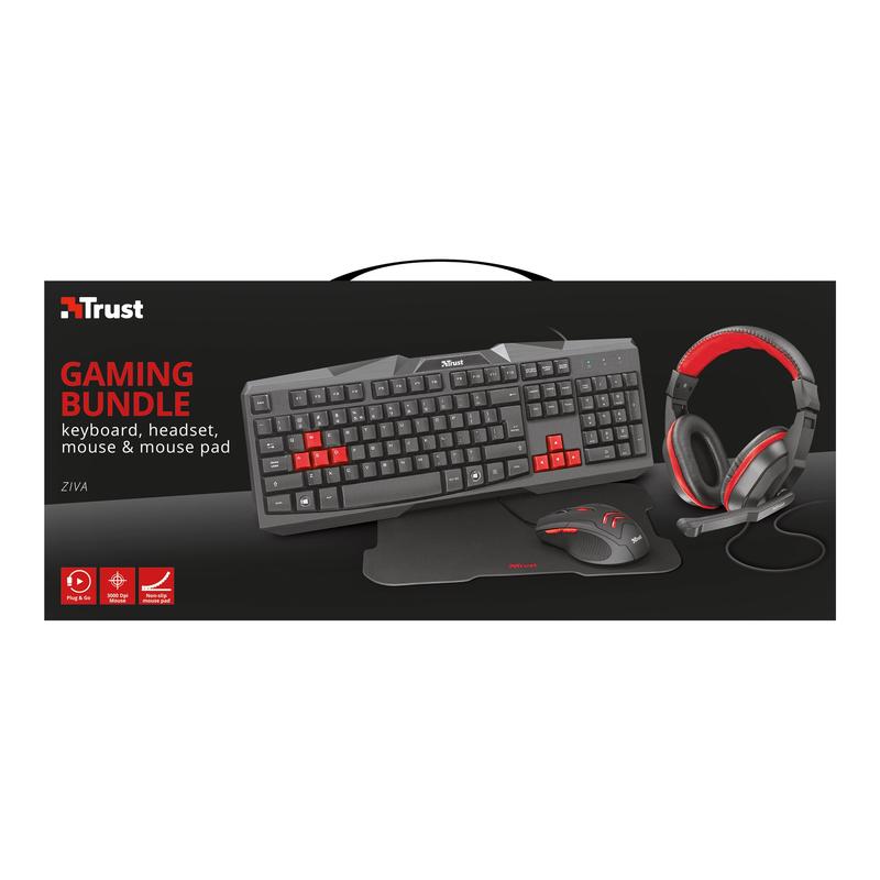 Trust Ziva 4in1 Gaming Bundle Keyboard, Mouse, Headset, Mousepad