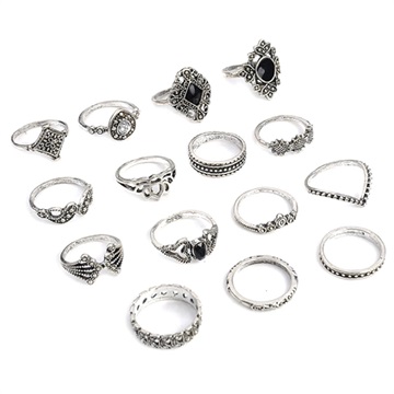 Universal Vintage Boho Ring Set for Women - 15 Pcs. - Silver