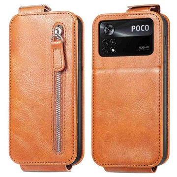 Zipper Pocket Xiaomi Poco X4 Pro 5G Vertical Flip Case - Brown