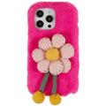 3D Plush Furry Winter iPhone 14 Pro Max TPU Case - Hot Pink Flower