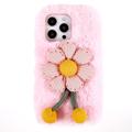 3D Plush Furry Winter iPhone 14 Pro Max TPU Case - Pink Flower