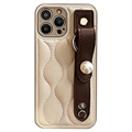 iPhone 14 Pro Max Wristband Design Hybrid Case with Faux Pearl - Beige