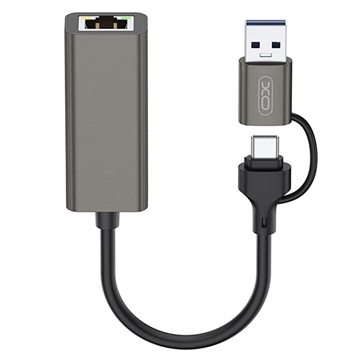 XO HUB018 2-in-1 USB-C / USB-A to Ethernet Adapter - RJ45, 100Mbps - Grey