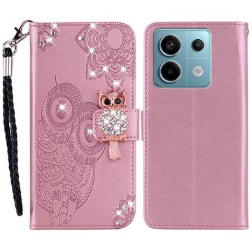 Xiaomi Redmi Note 13 Pro/Poco X6 Owl Rhinestone Wallet Case - Rose Gold