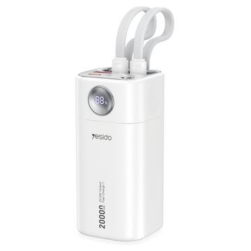 Yesido YP86 20000mAh Power Bank with Built-In USB-C and Lightning Cables - 22.5W - White