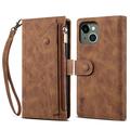 iPhone 13 Esseble Zipper Wallet Case with Wrist Strap - Brown