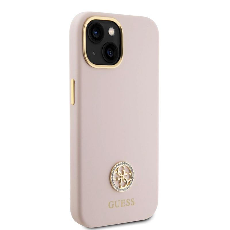 iPhone 15 Guess 4G Rhinestone Metal Logo Liquid Silicone Case - Pink