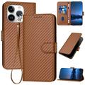 iPhone 15 Pro Max Premium Wallet Case with Strap - Carbon Fiber Texture - Carbon Coffee