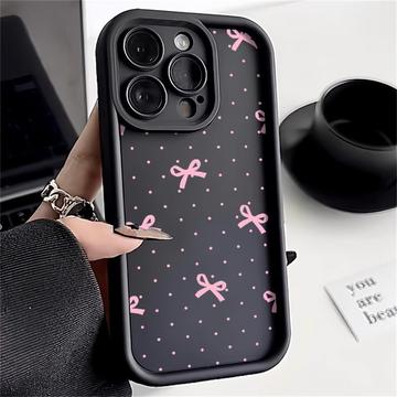 iPhone 15 Pro Max Stylish Shockproof TPU Case with Raised Edges - Black / Polka Dot Bow