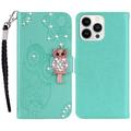 iPhone 15 Pro Owl Rhinestone Wallet Case - Cyan