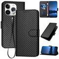 iPhone 15 Pro Premium Wallet Case with Strap - Carbon Fiber Texture