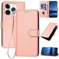iPhone 15 Pro Premium Wallet Case with Strap - Carbon Fiber Texture - Carbon Pink