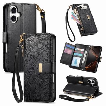 iPhone 16 Floral & Leaf Pattern Wallet Case with Zipper Pocket & Wrist Strap