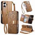 iPhone 16 Floral & Leaf Pattern Wallet Case with Zipper Pocket & Wrist Strap