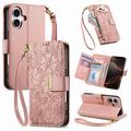 iPhone 16 Floral & Leaf Pattern Wallet Case with Zipper Pocket & Wrist Strap - Pink