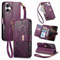iPhone 16 Floral & Leaf Pattern Wallet Case with Zipper Pocket & Wrist Strap - Purple