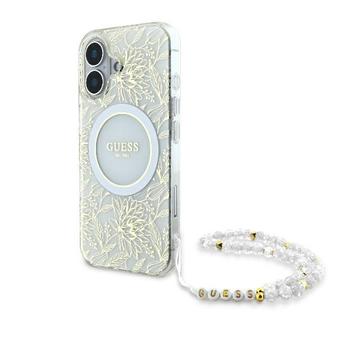iPhone 16 Guess IML Flowers Allover Electro Case with Pearl Strap - MagSafe Compatible - White