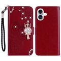 iPhone 16 Owl Rhinestone Wallet Case - Red