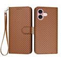 iPhone 16 Premium Wallet Case with Strap - Carbon Fiber Texture - Carbon Coffee