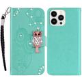 iPhone 16 Pro Max Owl Rhinestone Wallet Case - Cyan