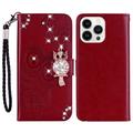 iPhone 16 Pro Max Owl Rhinestone Wallet Case - Red