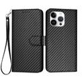 iPhone 16 Pro Max Premium Wallet Case with Strap - Carbon Fiber Texture - Carbon Black