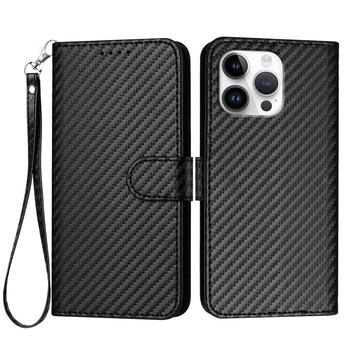 iPhone 16 Pro Max Premium Wallet Case with Strap - Carbon Fiber Texture