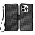iPhone 16 Pro Premium Wallet Case with Strap - Carbon Fiber Texture - Carbon Black