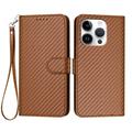 iPhone 16 Pro Premium Wallet Case with Strap - Carbon Fiber Texture - Carbon Coffee