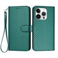 iPhone 16 Pro Premium Wallet Case with Strap - Carbon Fiber Texture - Carbon Green