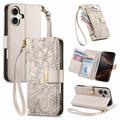 iPhone 17 Floral & Leaf Pattern Wallet Case with Zipper Pocket & Wrist Strap - White