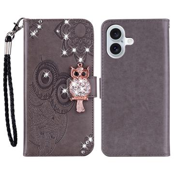 iPhone 17 Owl Rhinestone Wallet Case - Grey
