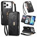 iPhone 17 Pro Floral & Leaf Pattern Wallet Case with Zipper Pocket & Wrist Strap