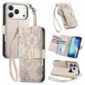 iPhone 17 Pro Max Floral & Leaf Pattern Wallet Case with Zipper Pocket & Wrist Strap - White