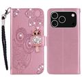 iPhone 17 Pro Max Owl Rhinestone Wallet Case - Rose Gold