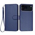 iPhone 17 Pro Max Premium Wallet Case with Strap - Carbon Fiber Texture - Carbon Blue