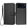 iPhone 17 Pro Premium Wallet Case with Strap - Carbon Fiber Texture - Carbon Black