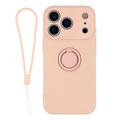 iPhone 18 Pro Max Liquid Silicone Case with Ring Holder and Wrist Strap - Pink